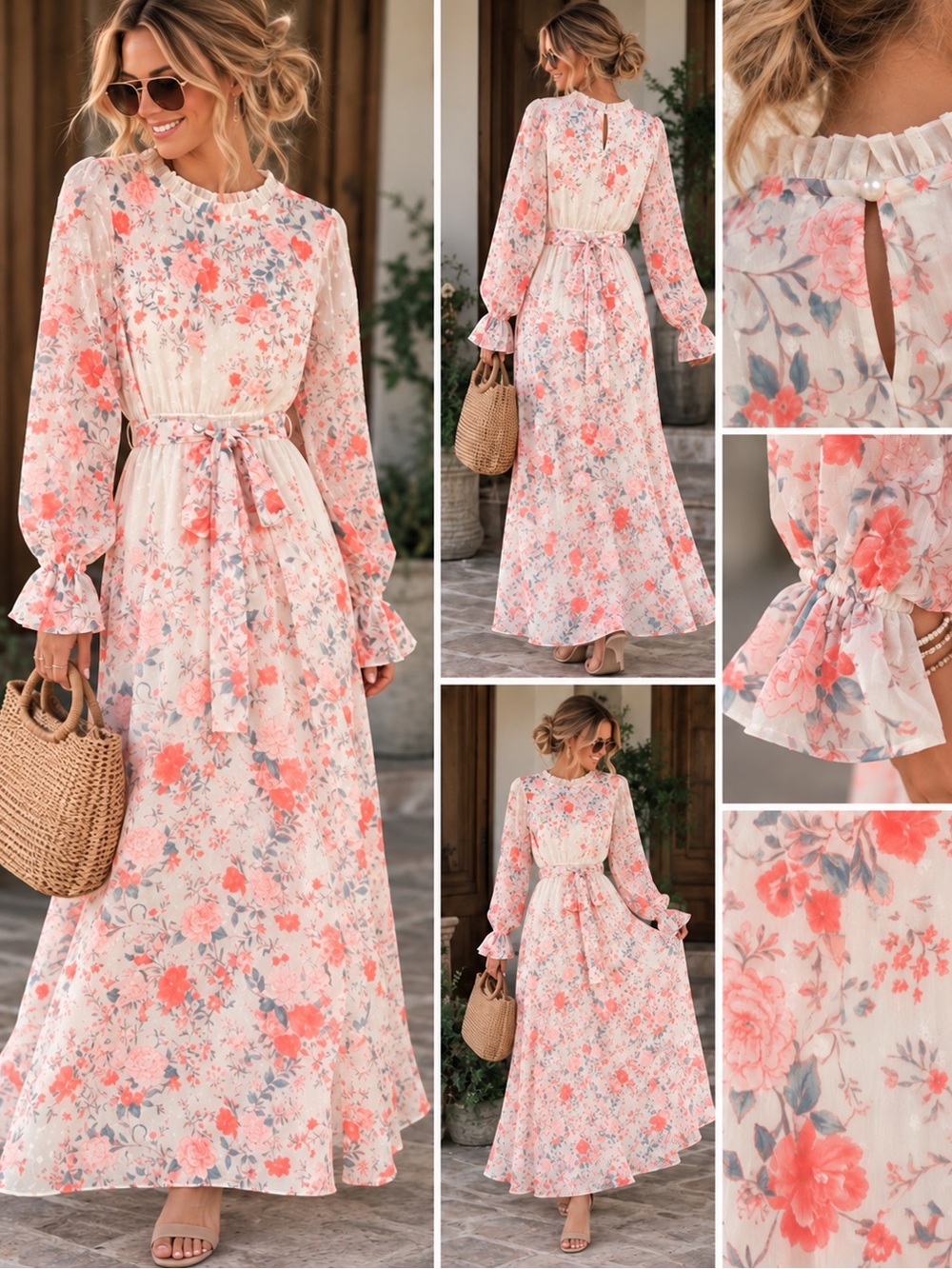Women's coral/ ivory Floral Maxi Dress with Ruffle Neck and Tie Waist